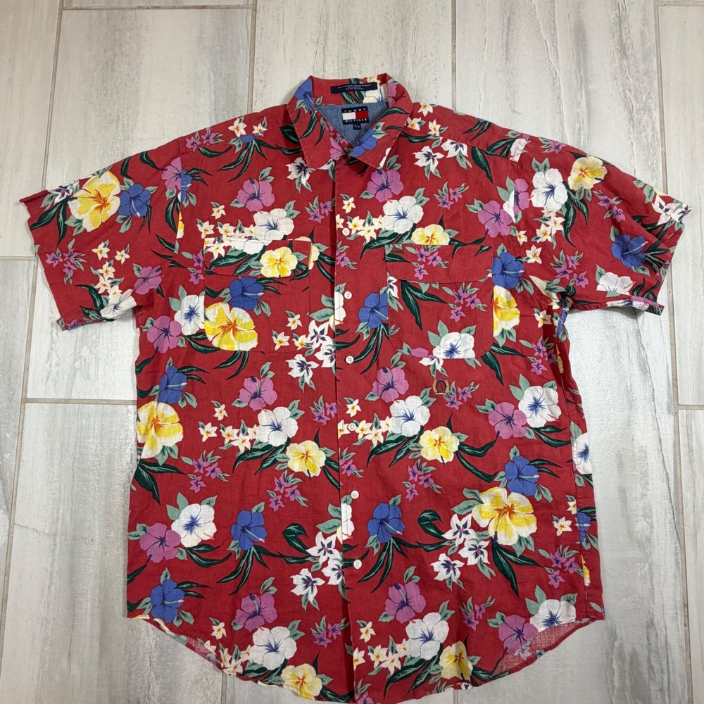 Tommy Hilfiger Mens Red Floral Linen Blend Short Sleeve Button Down Shirt Medium